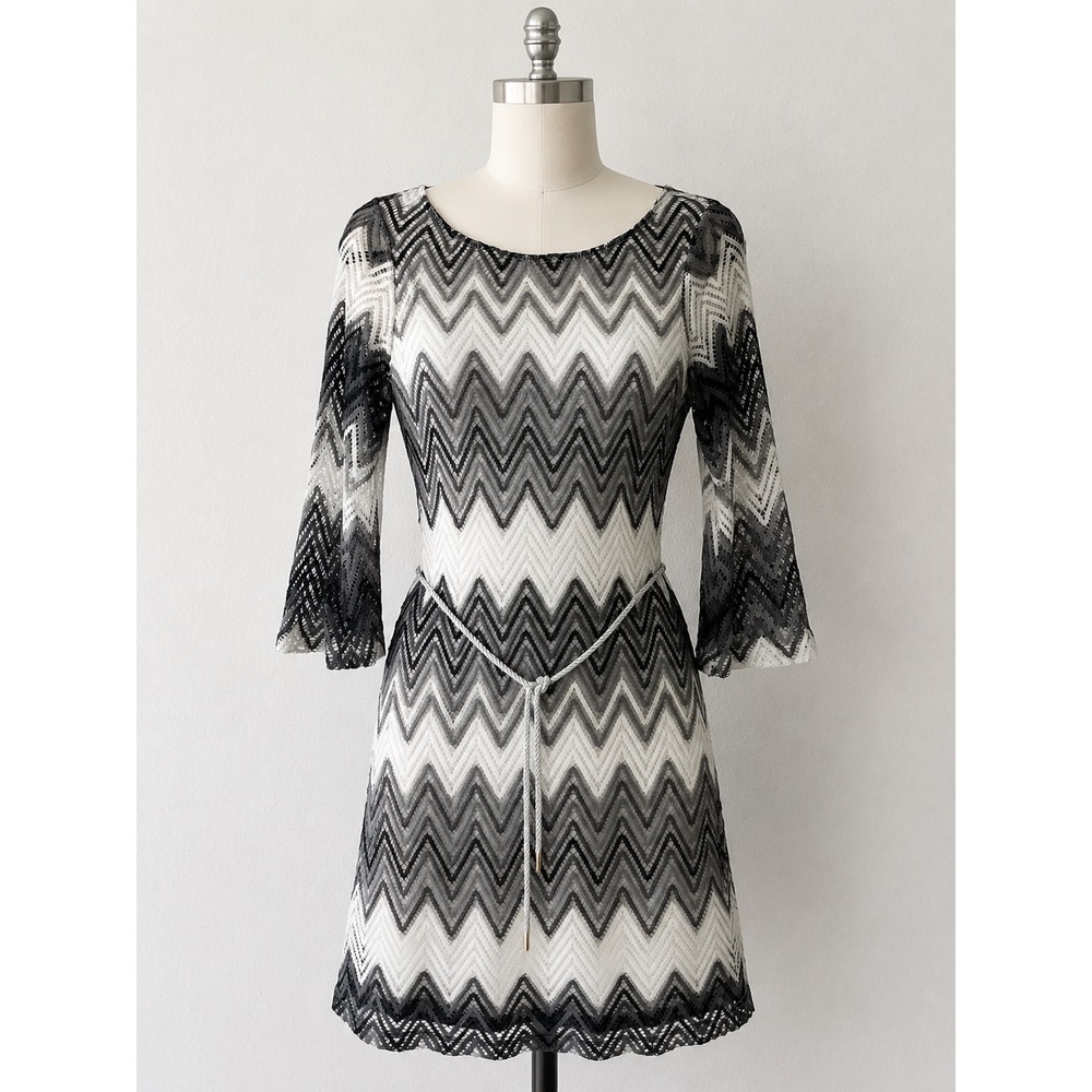 Sharagano New York Women Black Grey White Chevron Crochet Knit Belted Dress 6